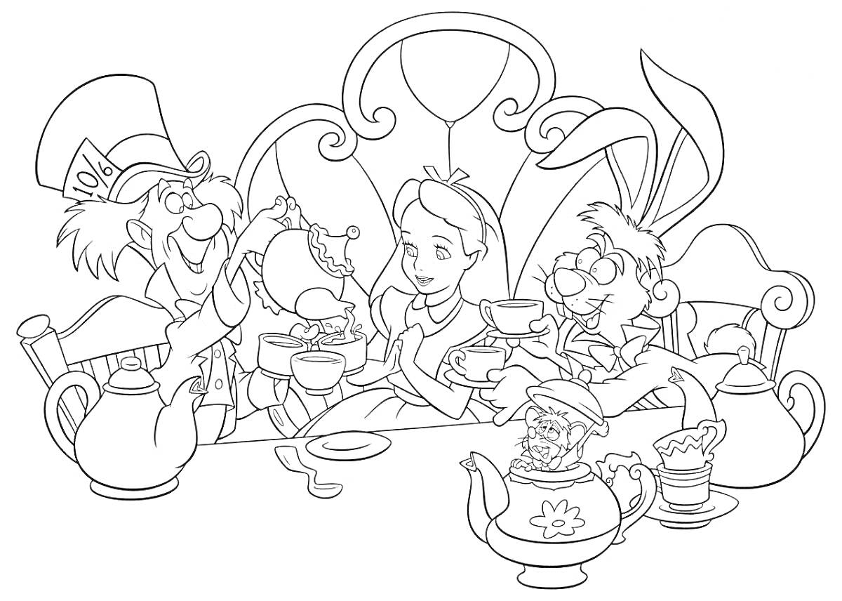 На раскраске изображено: Чаепитие, Безумный Шляпник, Мартовский Заяц, Алиса, Стол, Чайный сервиз, Чай