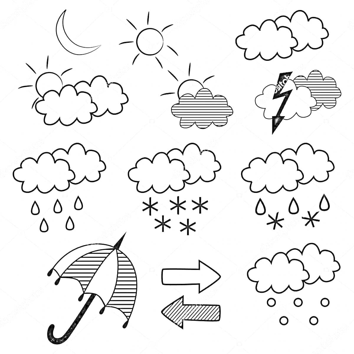 Раскраска Луна и облака, Солнце и облака, Облака, Солнце за облаком, Молния с облаками, Облака с каплями дождя, Облака со снежинками, Облака с каплями дождя, Облака скаплями и снежинками, Зонт, Две стрелки, Облака с каплями и снежинками.