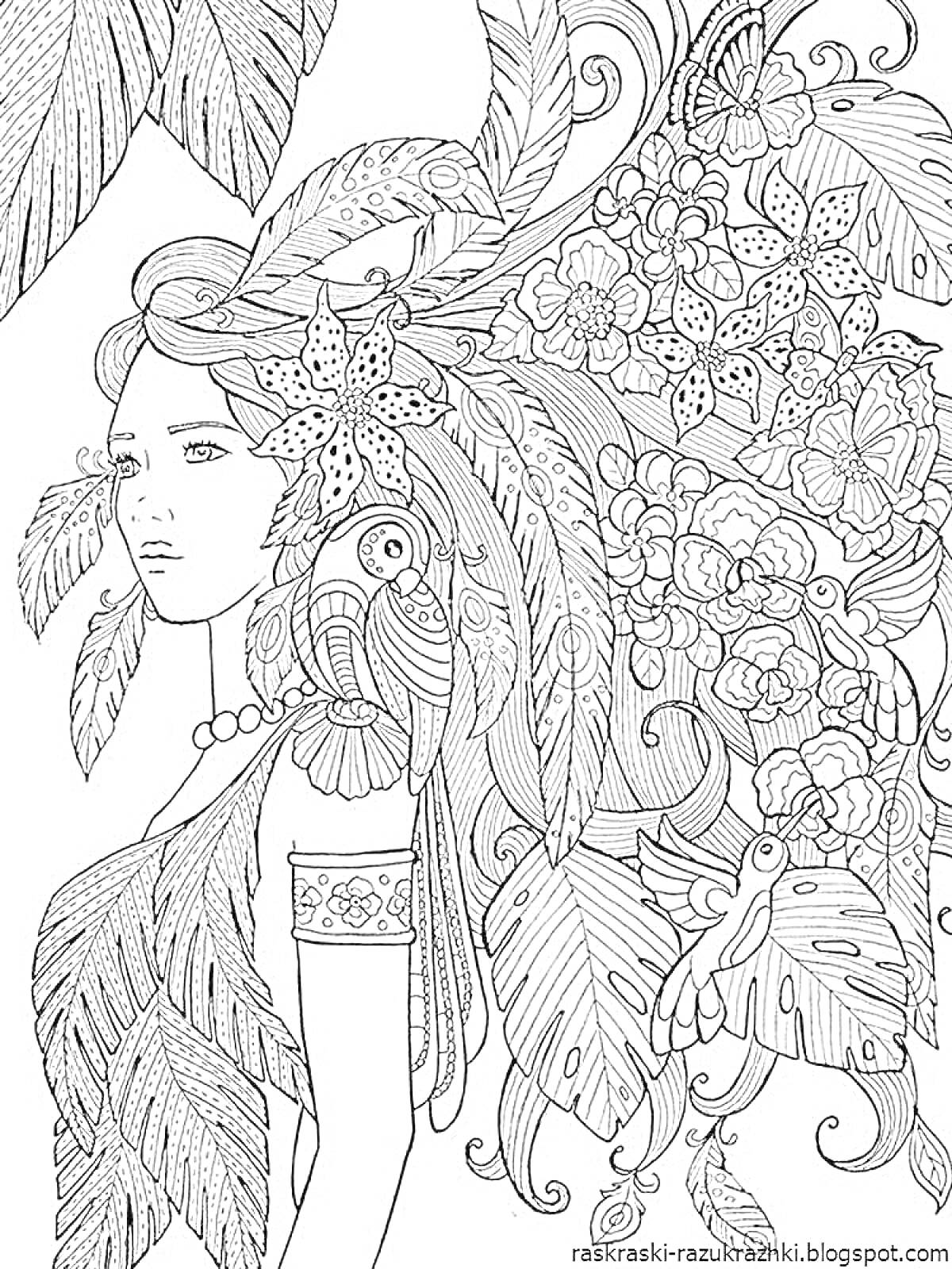 Раскраска Девушка с цветами и перьями в волосах