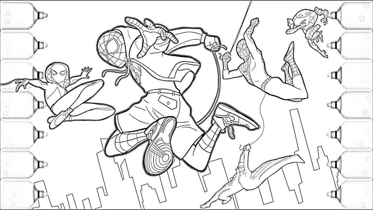 Раскраска Раскраска Человек-Паук через вселенные со множеством персонажей в полете над городом