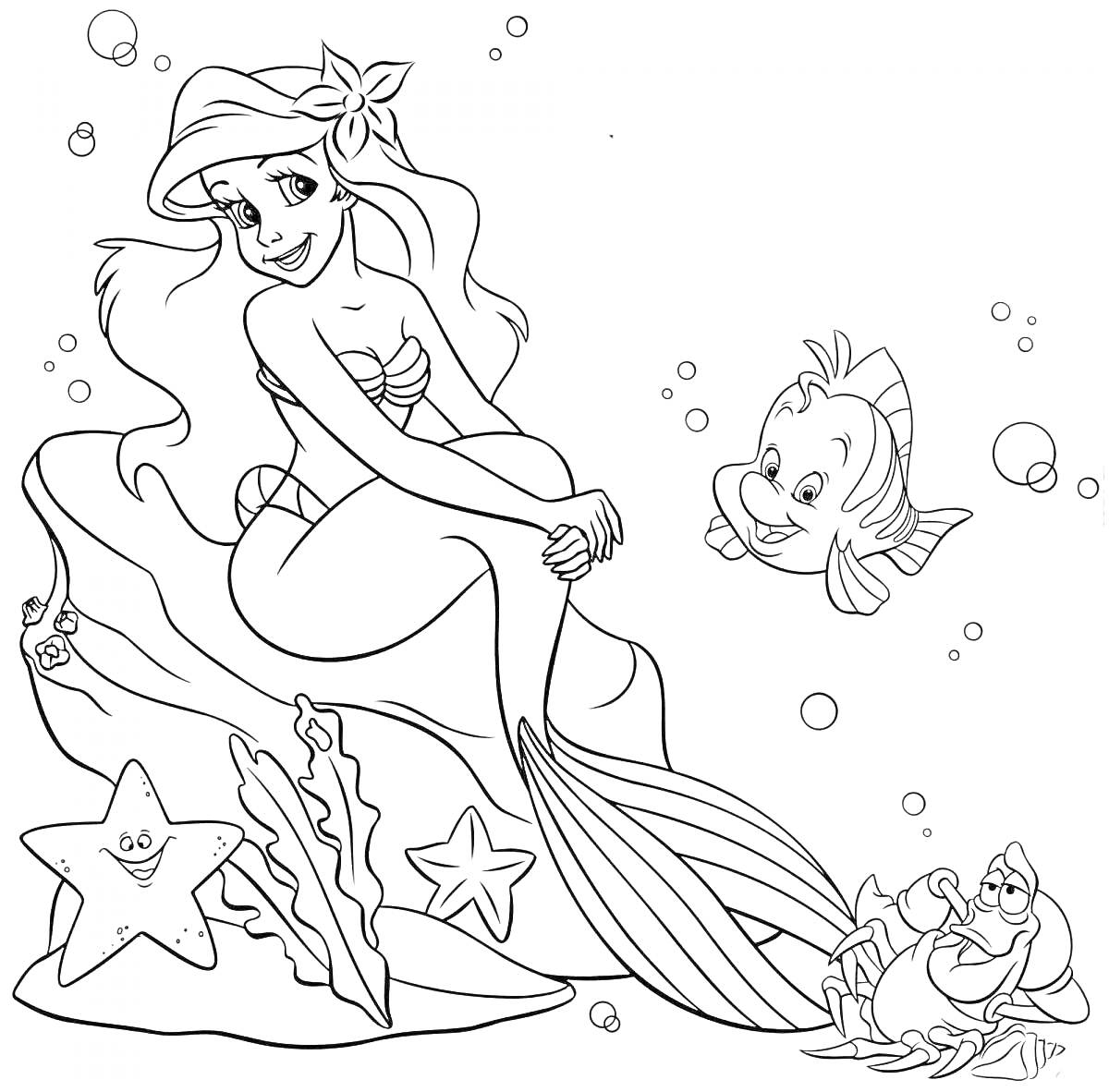 На раскраске изображено: Русалка, Краб, Подводный мир, Для детей, Рыба, Морские звезды