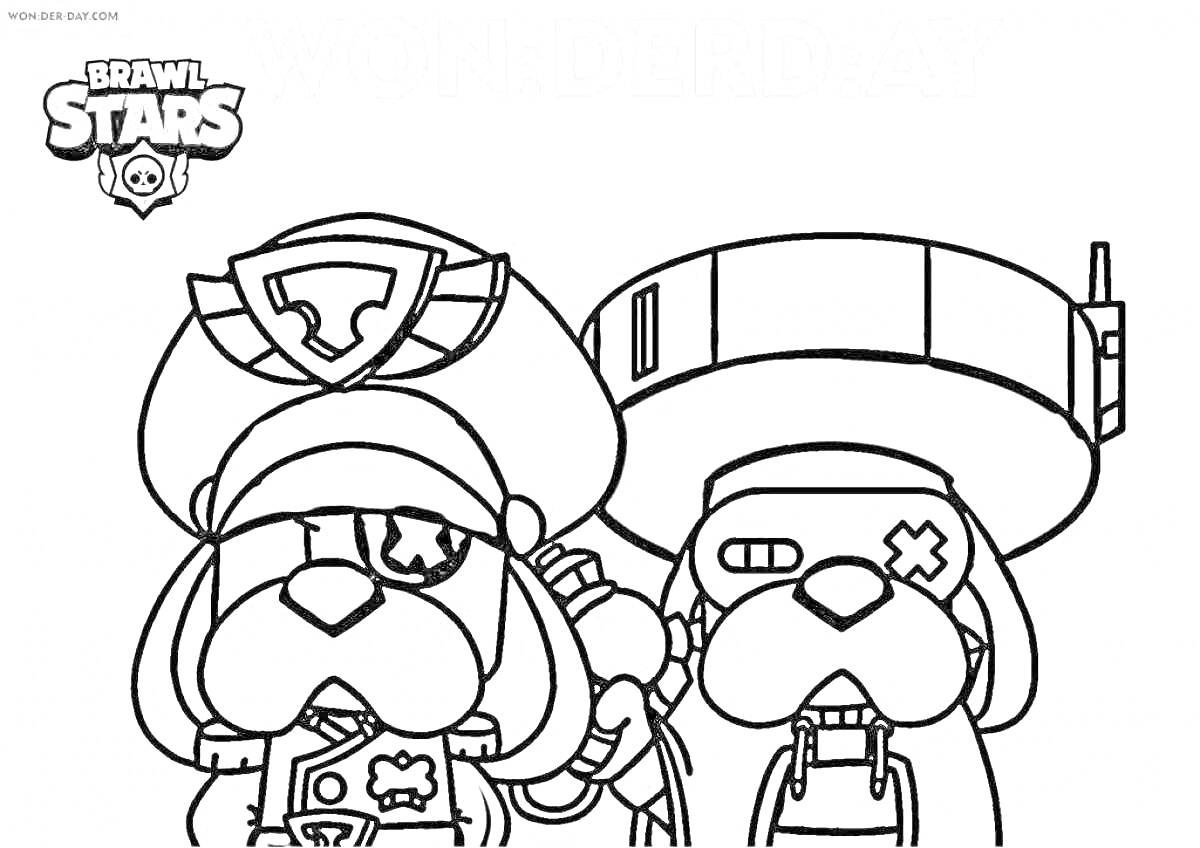 Раскраска Генерал Гавс и другой персонаж из Brawl Stars, с логотипом Brawl Stars в верхнем левом углу