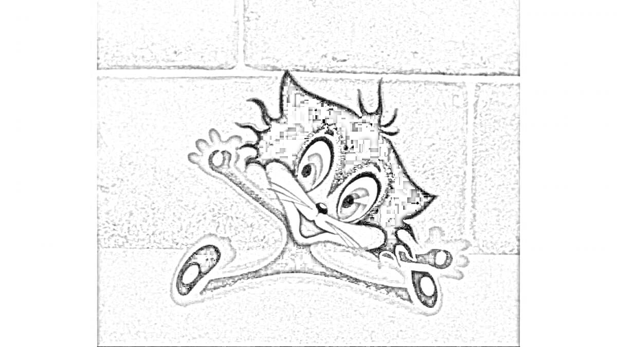 Раскраска кот в ужасе на сером фоне из каменной стены