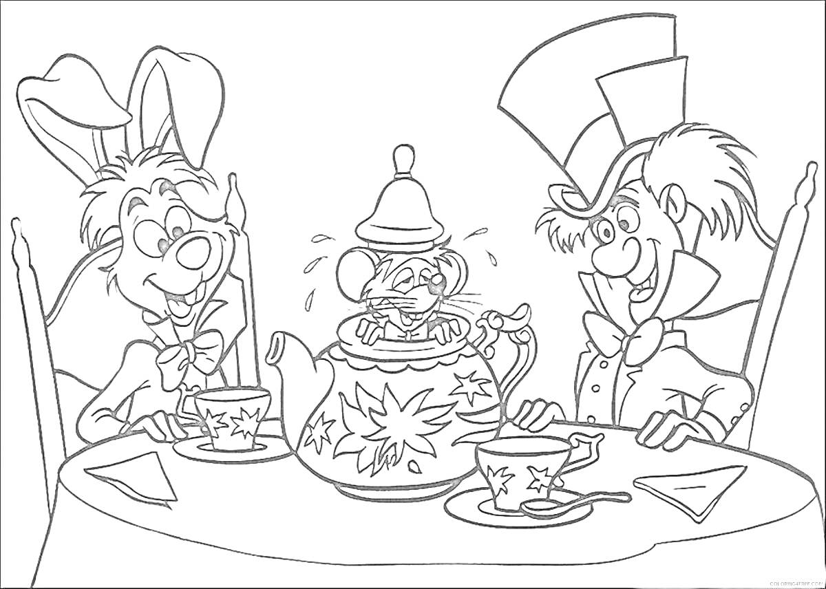 На раскраске изображено: Чаепитие, Мышь, Стол, Чашки, Блюдца, Сервировка, Чайники