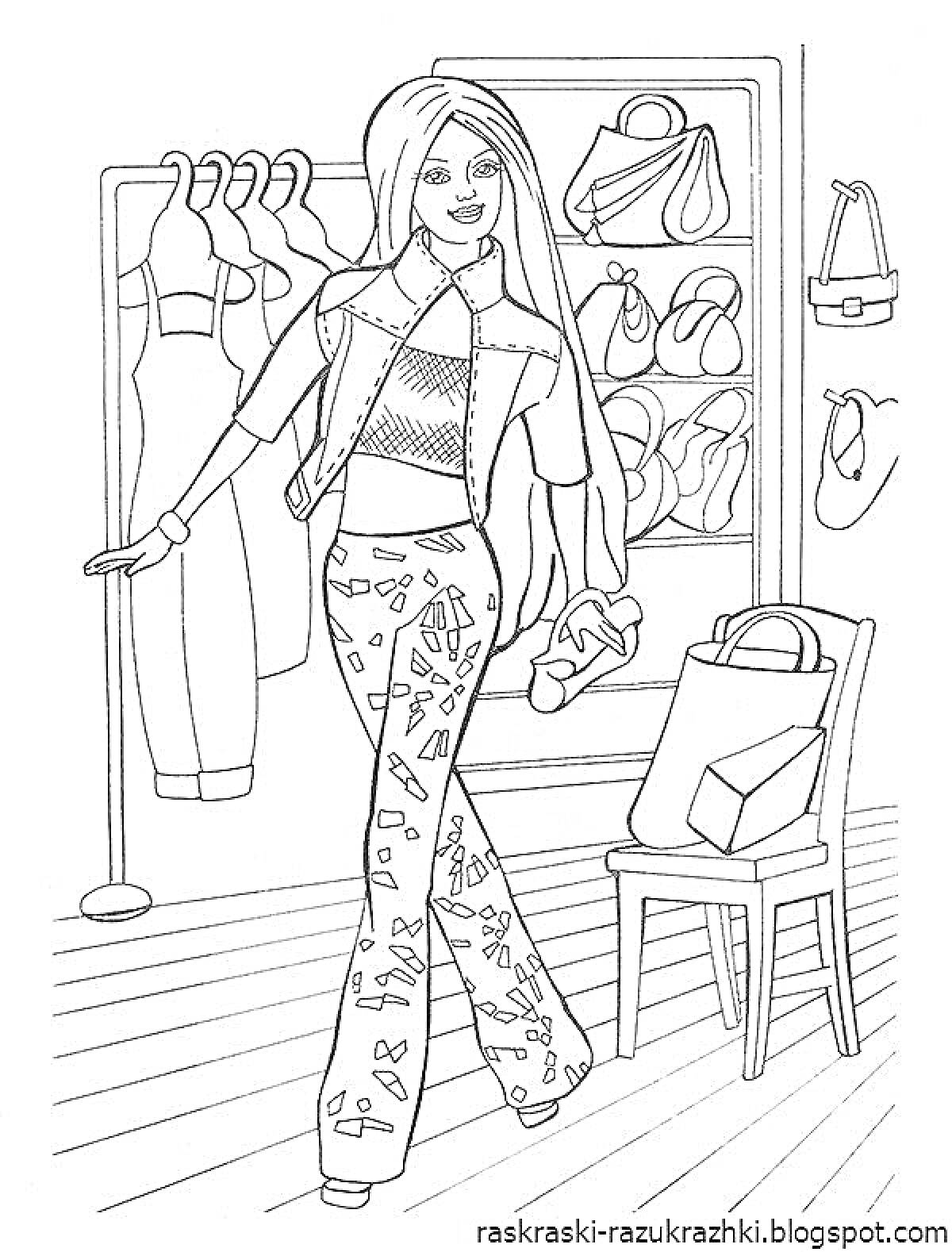 Раскраска Барби в гардеробе с одеждой и аксессуарами, в руках обувь, на заднем фоне полки с сумками