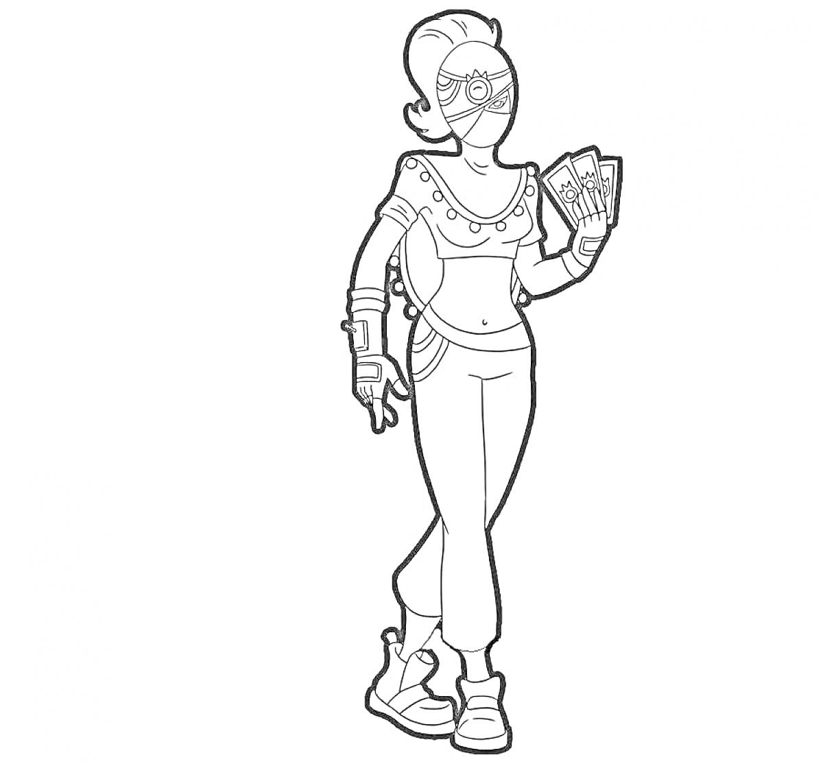 Раскраска Персонаж с картами в руках, повязка на глазах, украшенный верх и брюки