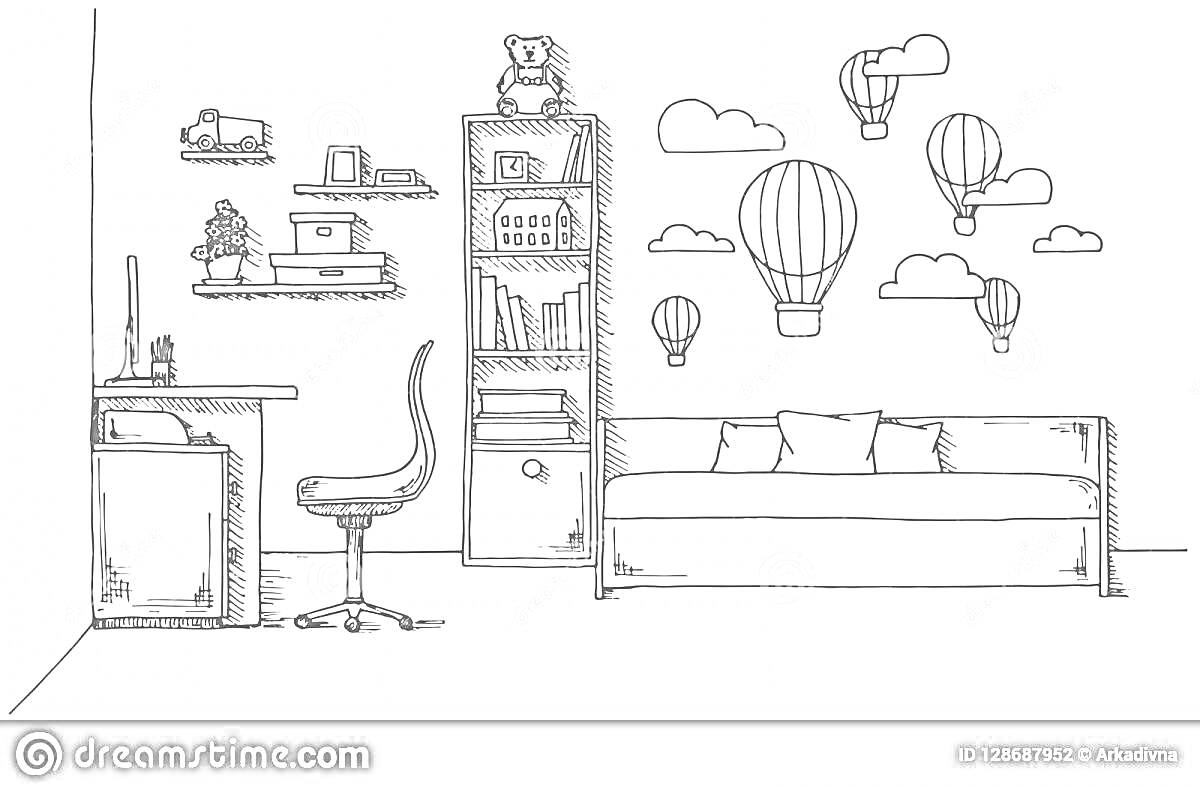 На раскраске изображено: Комната, Письменный стол, Стул, Письменные принадлежности, Буквы, Книга, Диван, Воздушные шары, Мебель