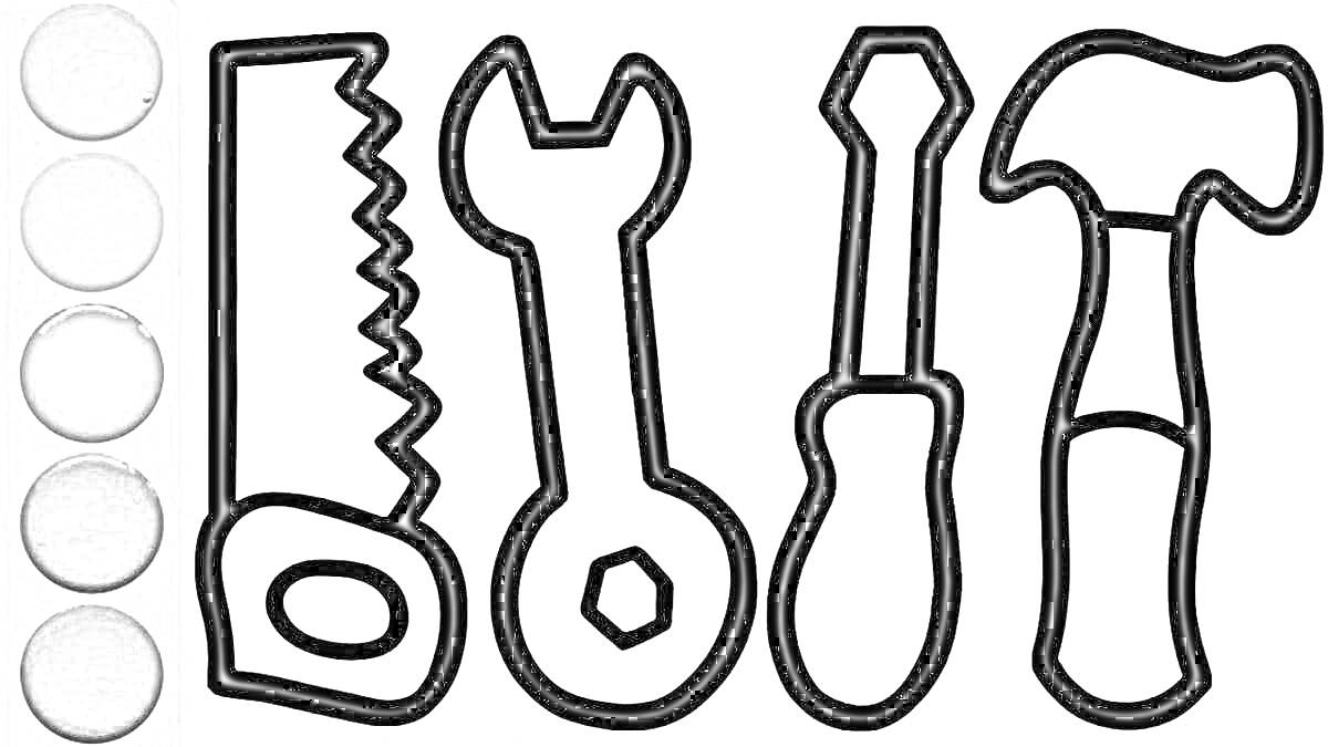 На раскраске изображено: Для детей, Пила, Гаечный ключ, Отвертка, Молоток, Инструмент