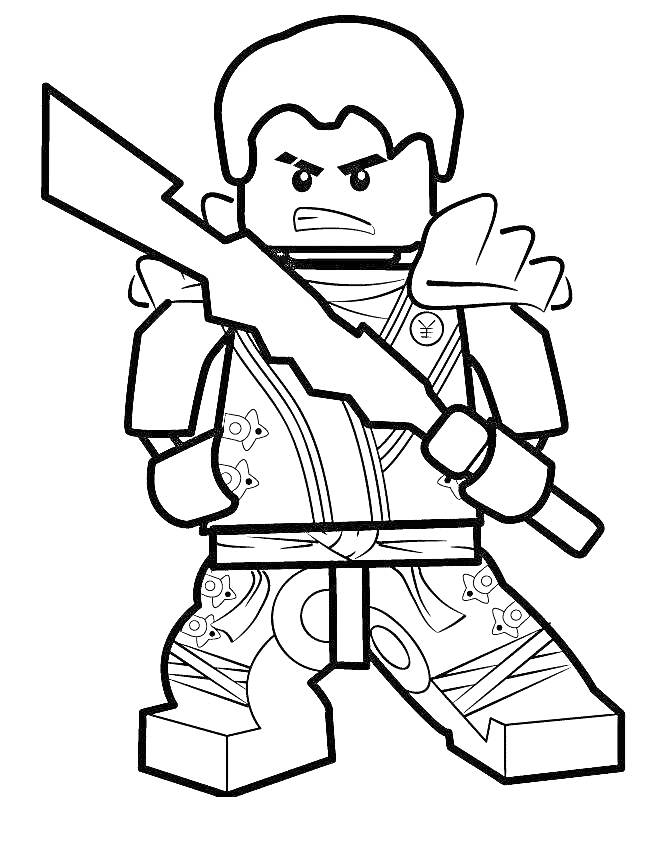 Раскраска Лего-человечек с мечом в костюме с наплечником и сложным узором