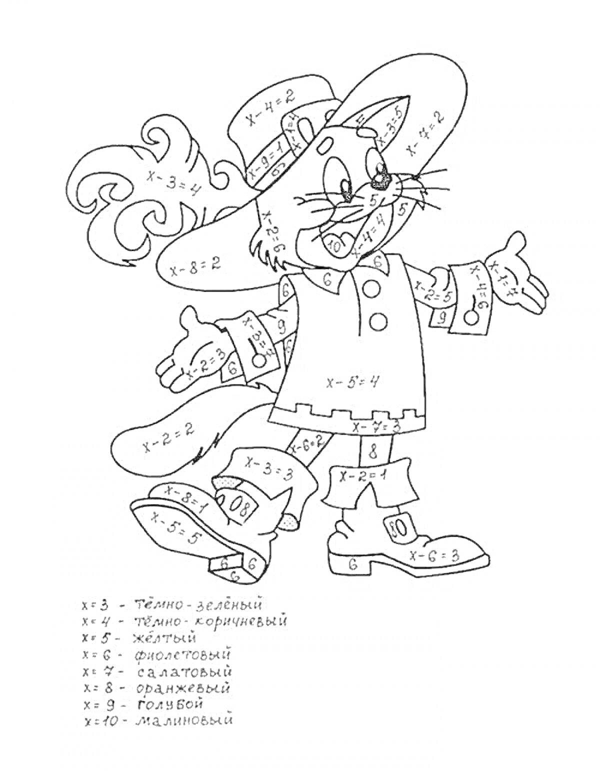 Раскраска Кот в сапогах с цветовой раскладкой по номерам