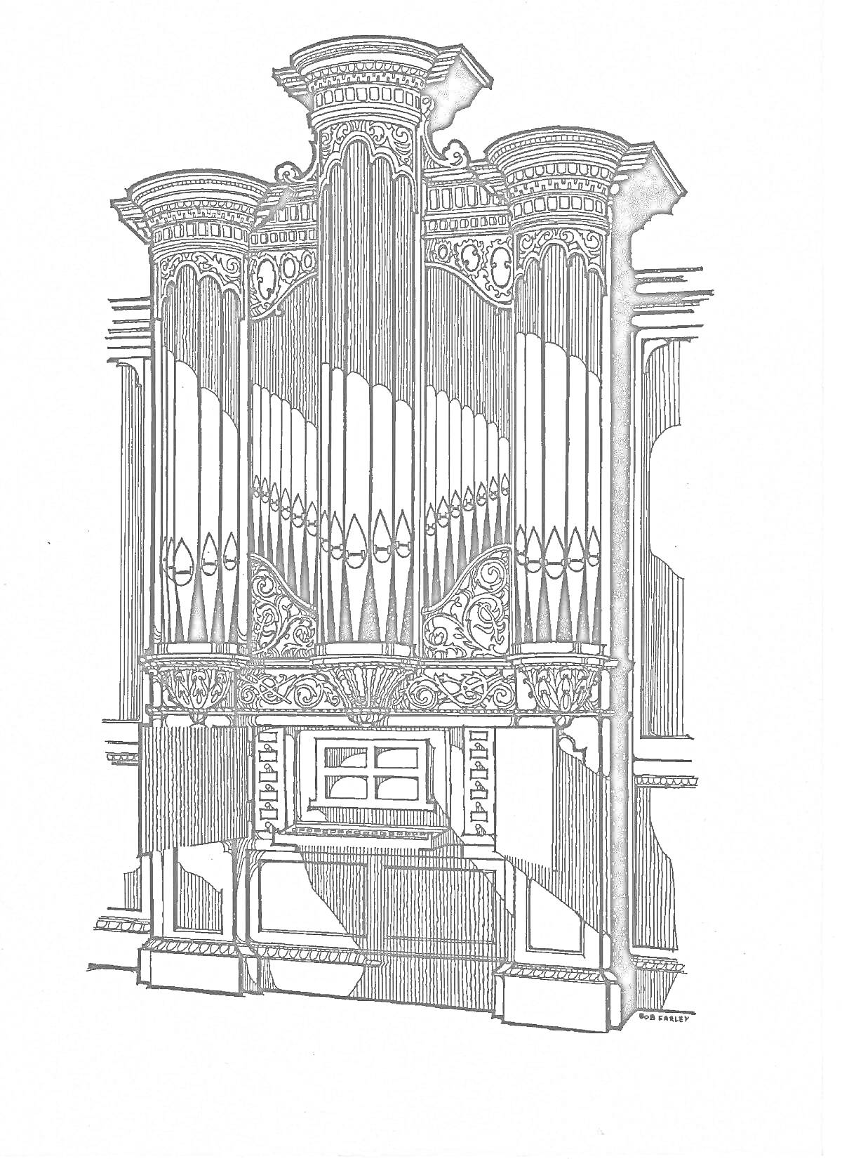 Раскраска Орган с декоративными элементами и трубами
