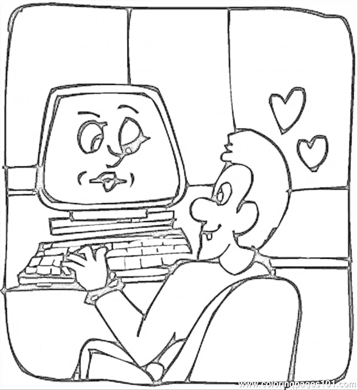 Раскраска Программист сидит за компьютером с экраном в виде лица, вокруг летят сердечки