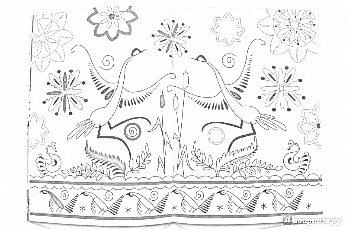 Птицы в мезенской росписи с цветочными и геометрическими элементами