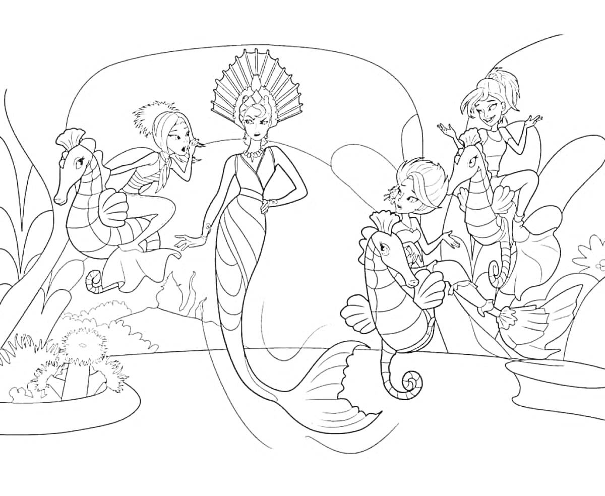 На раскраске изображено: Барби, Русалка, Морской конек, Подводный мир, Растения, Крылья, Корона, Для детей