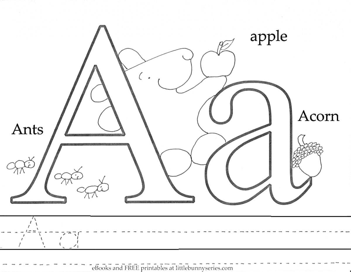Раскраска Алфавитная раскраска: большая и маленькая буквы A, муравьи, яблоко, желудь.