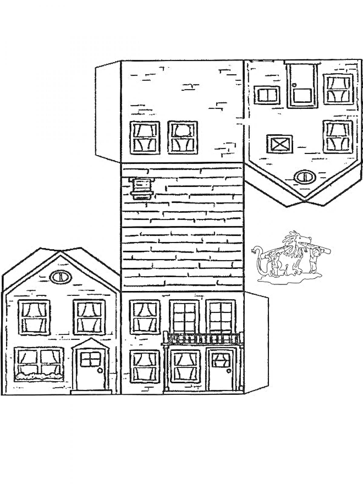 Раскраска Бумажный дом с окнами, дверьми и балконом, возле дома изображена собака или другой домашний питомец.
