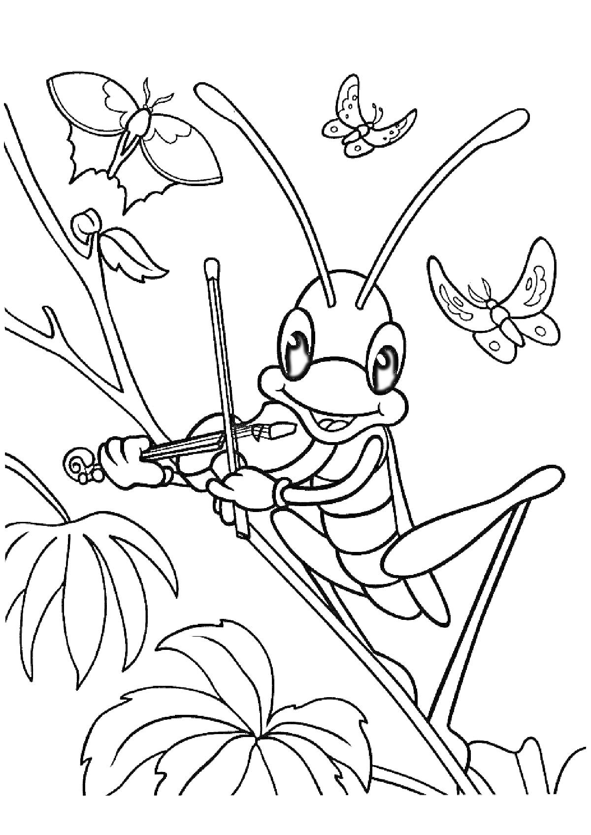 Раскраска Кузнечик играет на скрипке на фоне бабочек и листьев растений