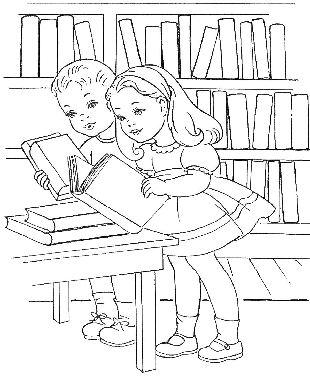 На раскраске изображено: Чтение, Библиотека, Стол, Мальчик, Девочка, Образование, Для детей, Книга, Книжные полки