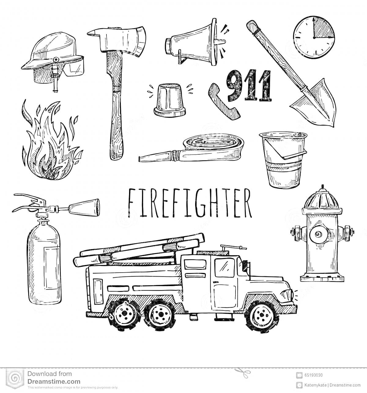 На раскраске изображено: Пожарная каска, Мегафон, Сирена, Часы, Пламя, Телефон, Огнетушитель, Пожарная машина, Пожарный гидрант, Безопасность