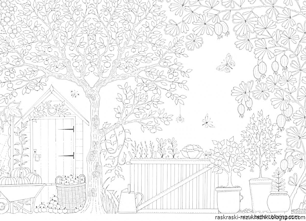 Раскраска Сад с домиком и цветущими деревьями