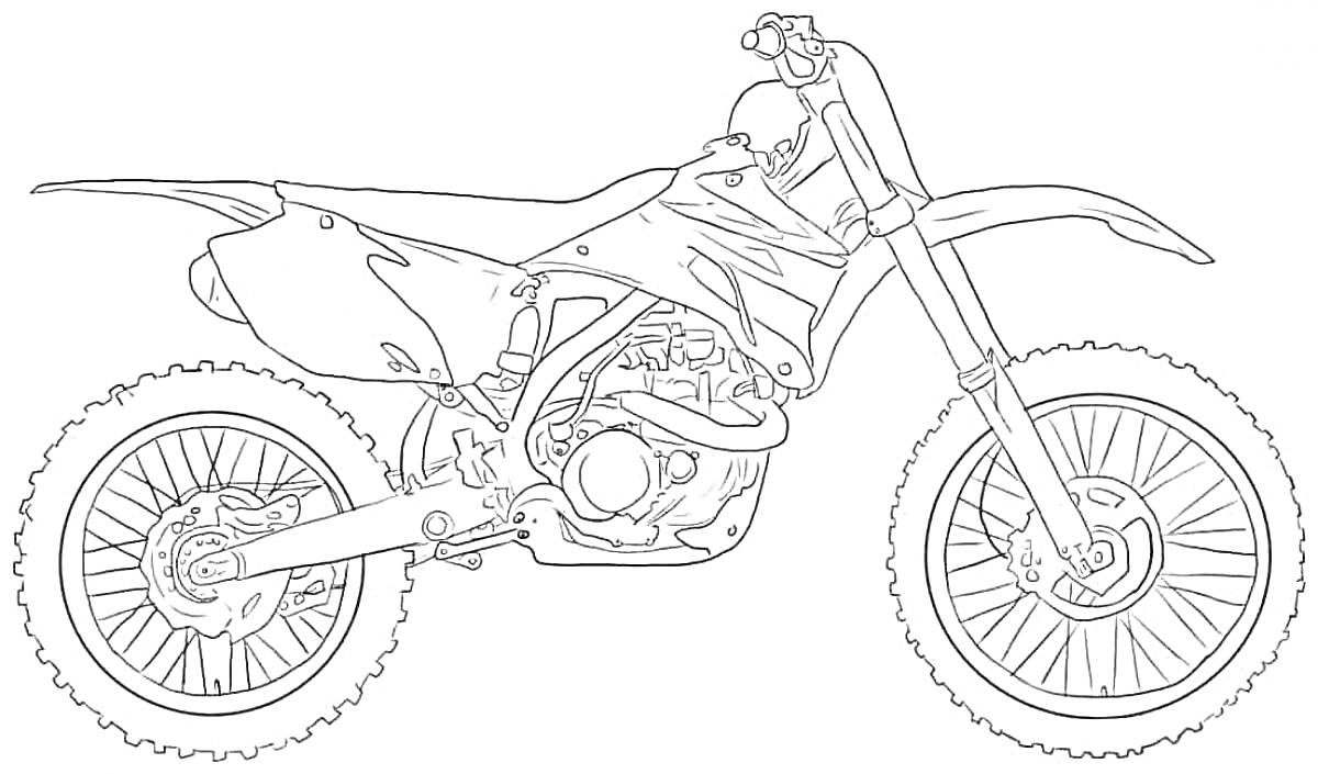 Раскраска Мотоцикл для кросса с передним и задним колесом, двигателем, рамой и рулем