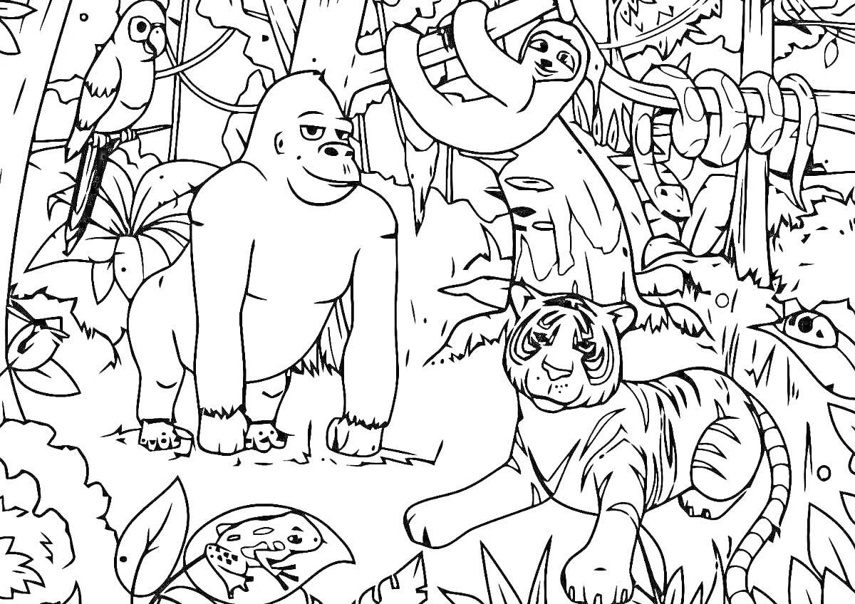 На раскраске изображено: Тропический лес, Горилла, Ленивец, Тигр, Природа, Животные, Экзотика, Фауна, Джунгли, Деревья, Листва