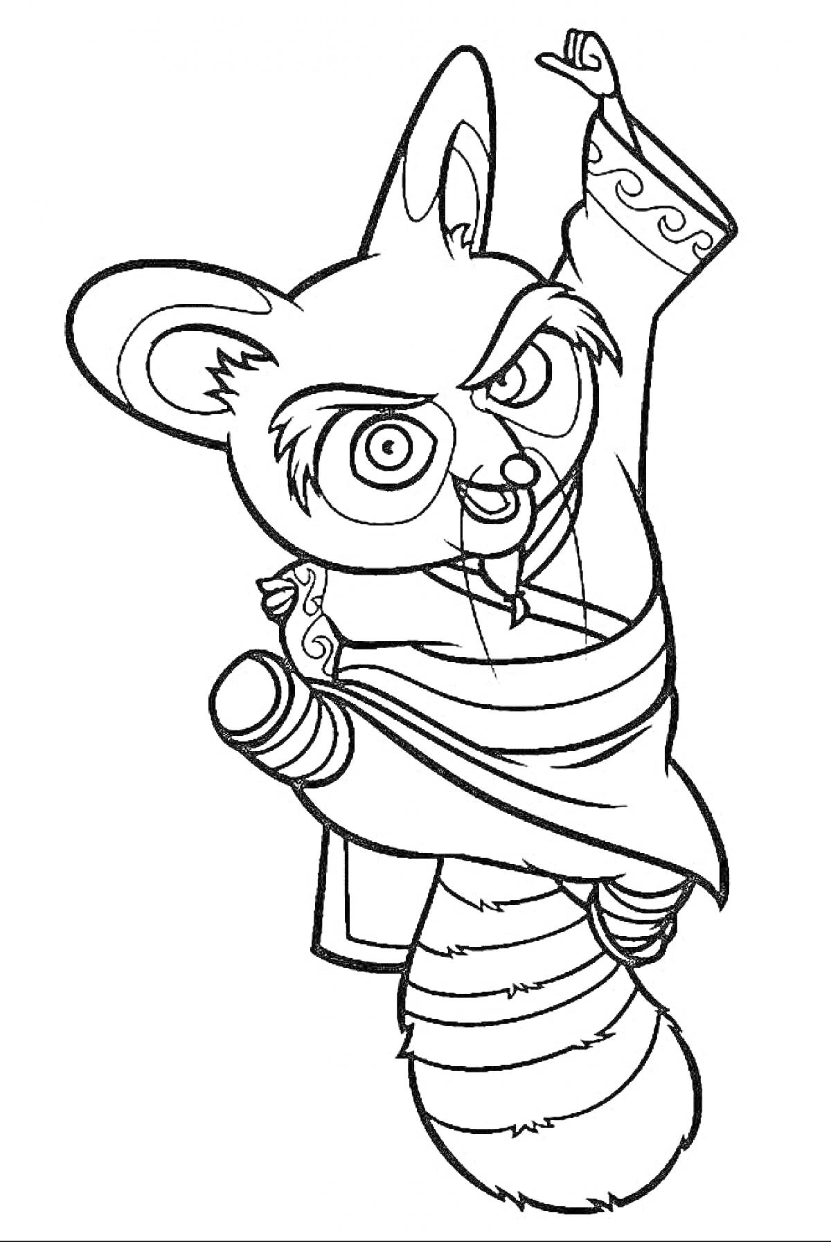 Раскраска Пандовая антропоморфная фигура в боевой стойке с поднятой рукой и хвостом полосатым