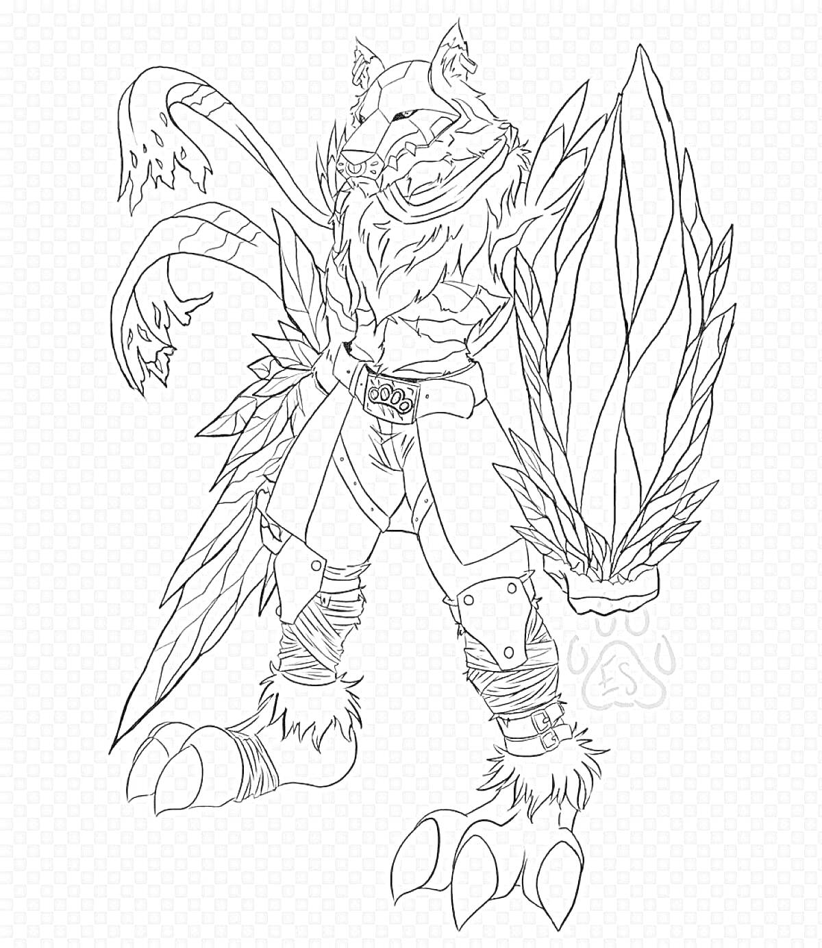 Раскраска Демон с крыльями, рогами и когтями, в доспехах, с магическим символом