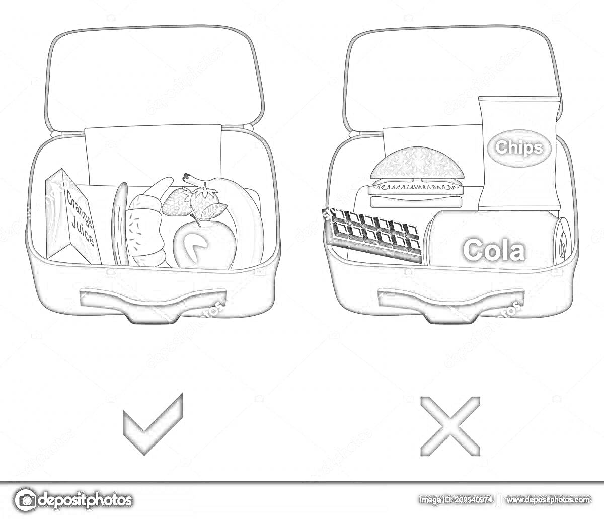 Раскраска Ланч-бокс – полезный и нездоровый выбор: бутерброды, фрукты и овощи против гамбургера, чипсов, шоколадного батончика и колы