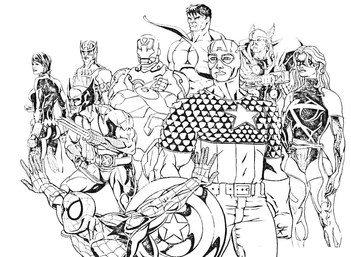 Раскраска Герои Марвел - группа персонажей, включая супергероев в костюмах со щитами, масками и оружием