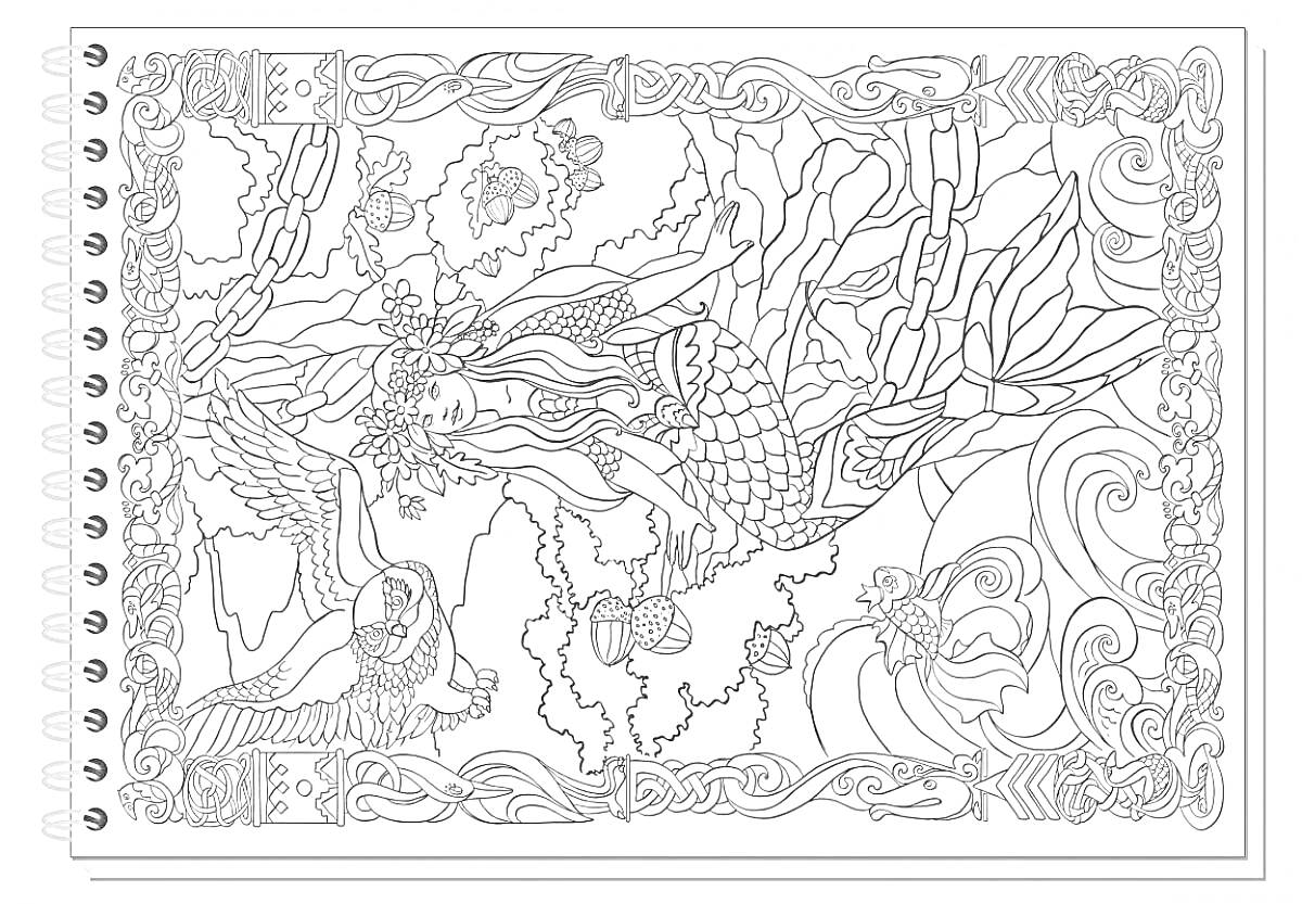 Раскраска Сцена у дуба: русалка сидит на ветке, золотая цепь на дубе, лукошко с орехами, волшебные птицы