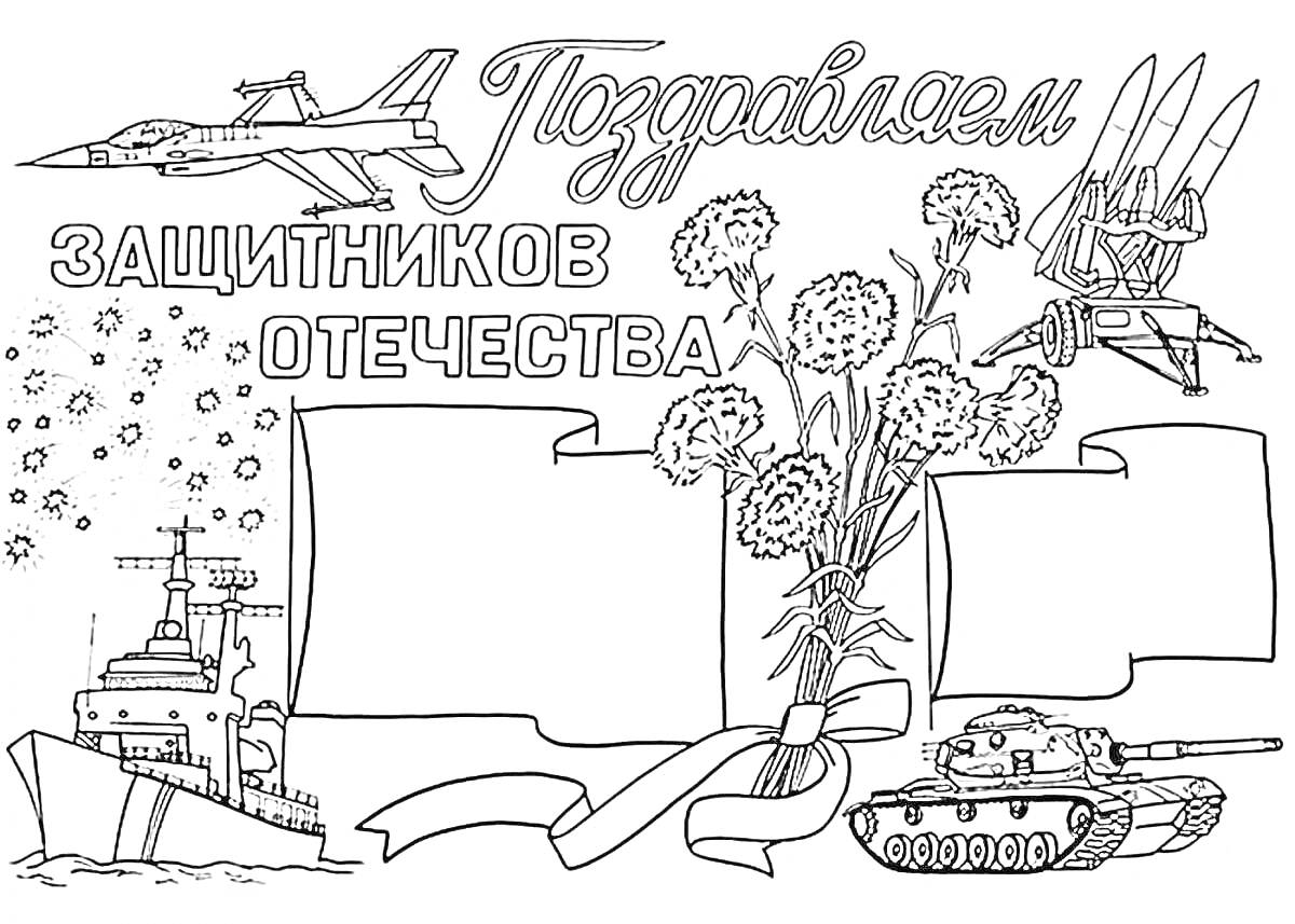 Раскраска Поздравление с Днем защитника Отечества с изображениям самолета, танка, корабля, гвоздик и ракетного комплекса