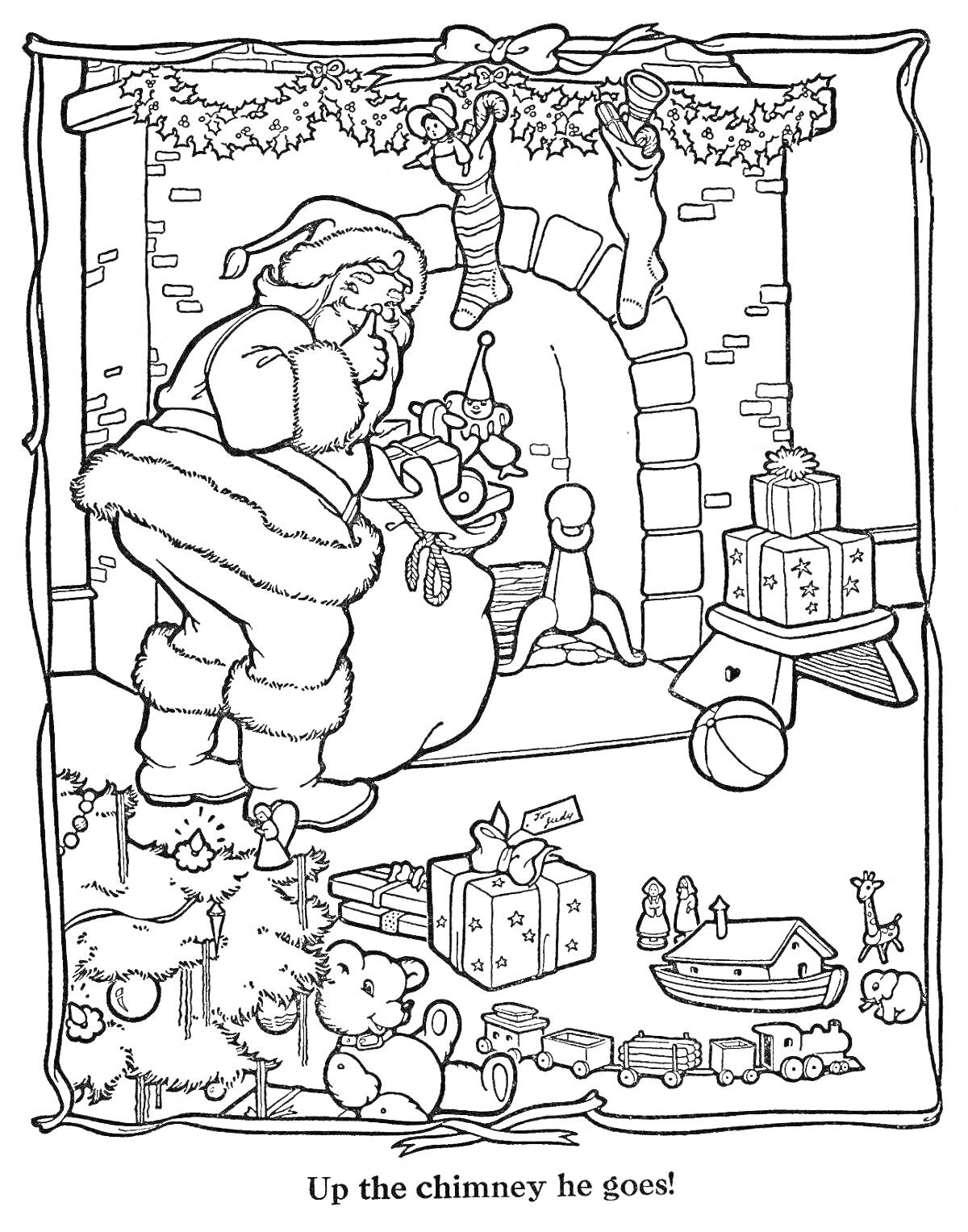 На раскраске изображено: Новый год, Санта клаус, Камин, Рождественские носки, Подарки, Игрушки, Новогодний декор, Радость