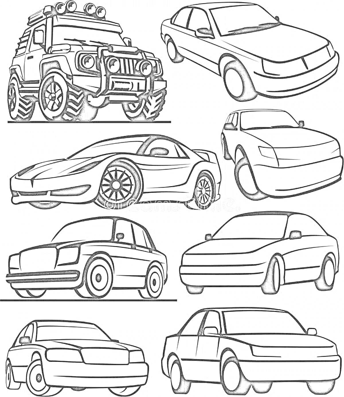 Раскраска Разные автомобили: внедорожник с фарами, седан, спортивный автомобиль, купе и другие легковые машины