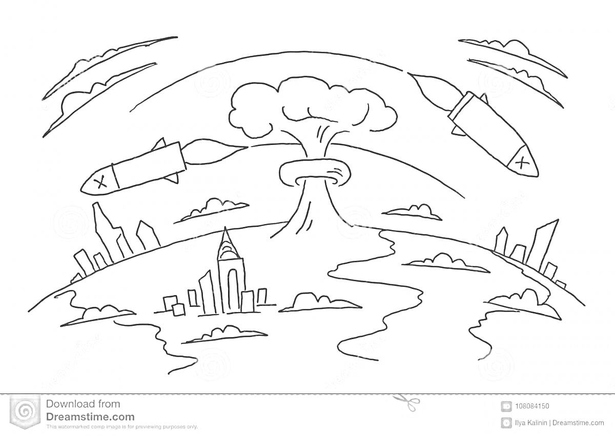 На раскраске изображено: Ядерный взрыв, Разрушенный город, Взрыв, Линия горизонта, Военная тематика