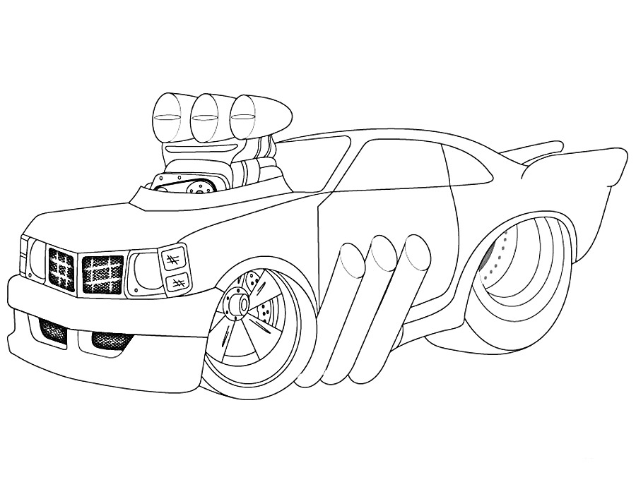 Раскраска Спорткар с большими колесами, выхлопными трубами и суперзарядным компрессором