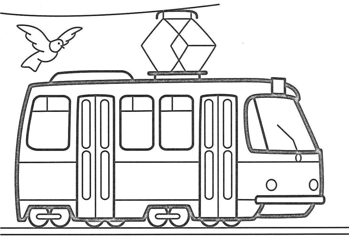 На раскраске изображено: Трамвай, Городской транспорт, Провода, Окна, Колёса