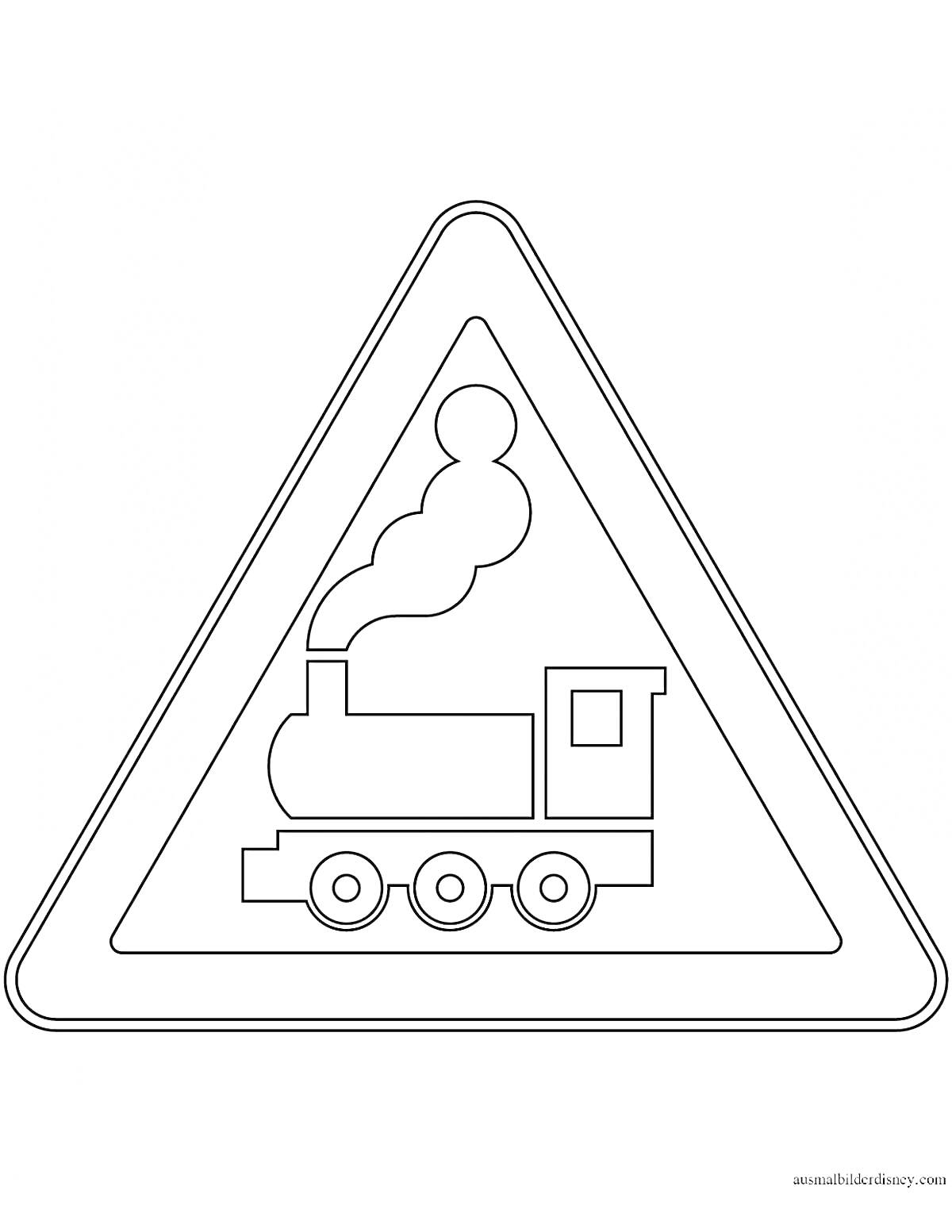 На раскраске изображено: Предупреждающий знак, Паровоз, Дым, Безопасность, Железнодорожный переезд