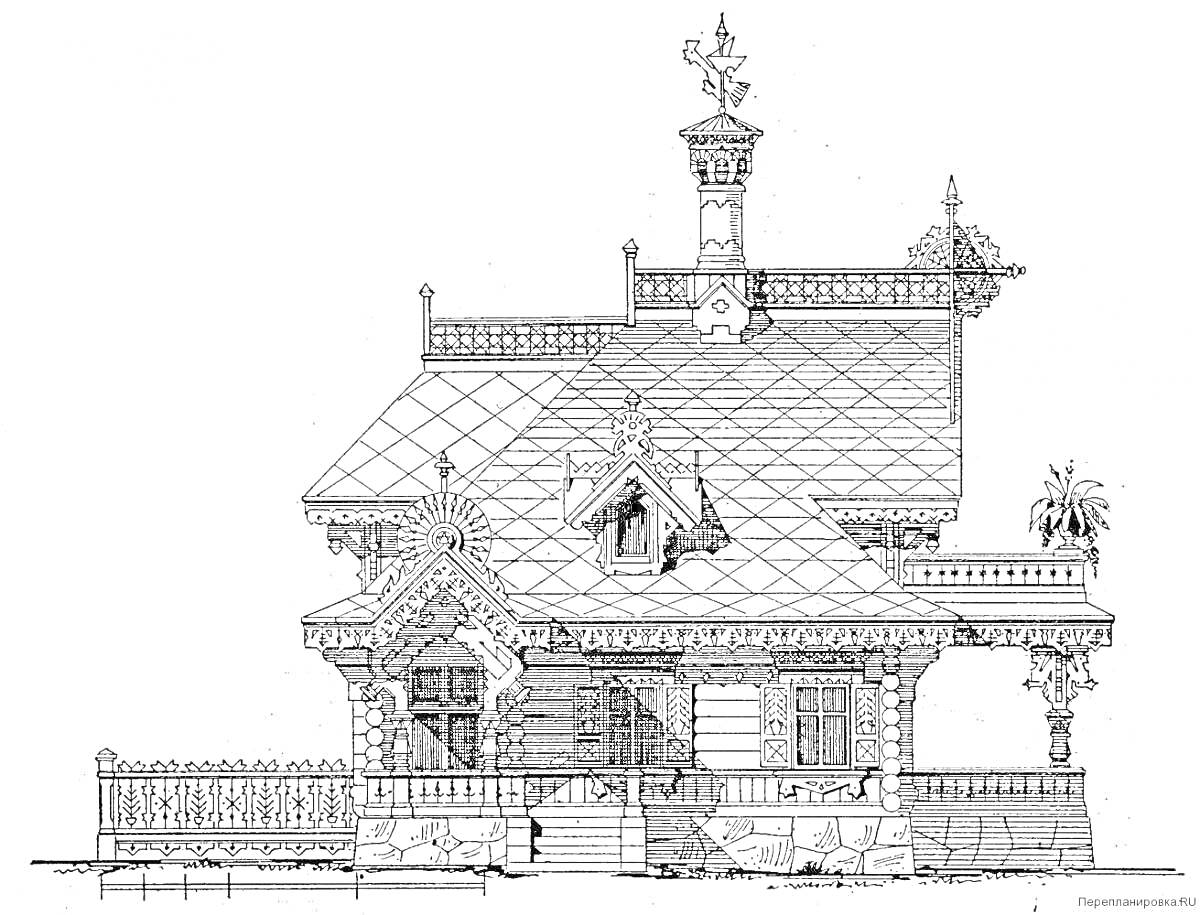 Раскраска Русский терем с богато украшенными деревянными резными элементами, крыльцом, высоким крытым окном во фронтоне, трубой, декоративным флюгером и резным забором.