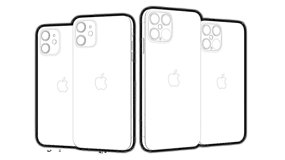 Четыре айфона 14 на черном фоне. Вид сзади, с изображением логотипа яблока и камер.