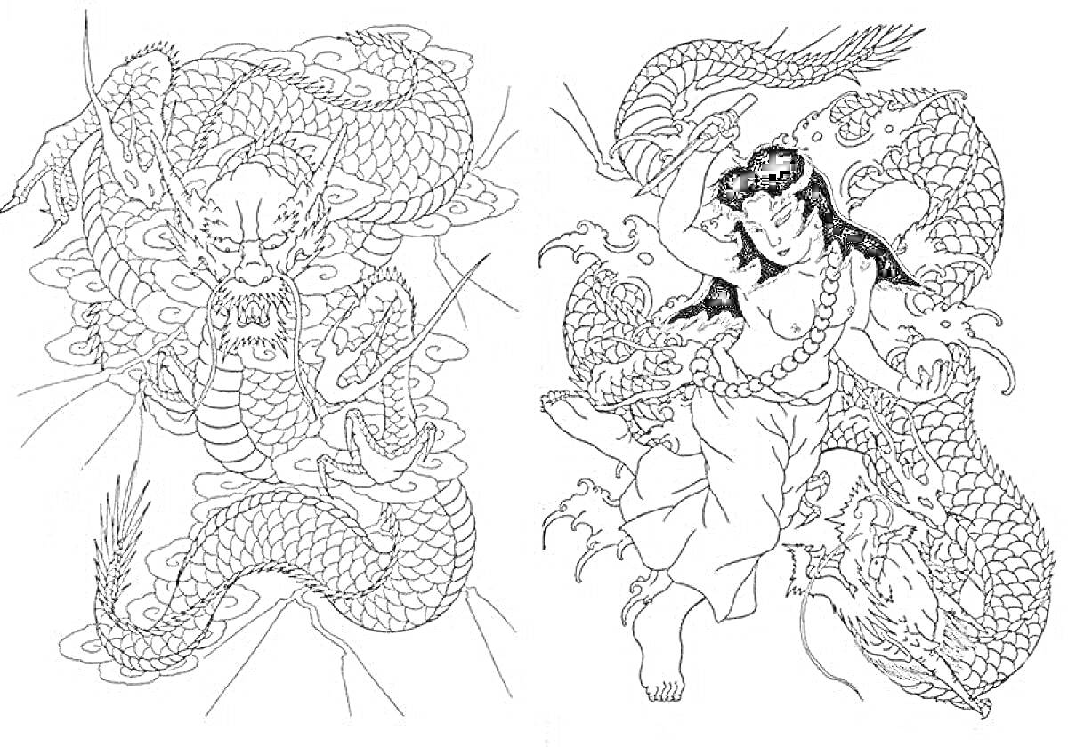 Раскраска Японские драконы и воины