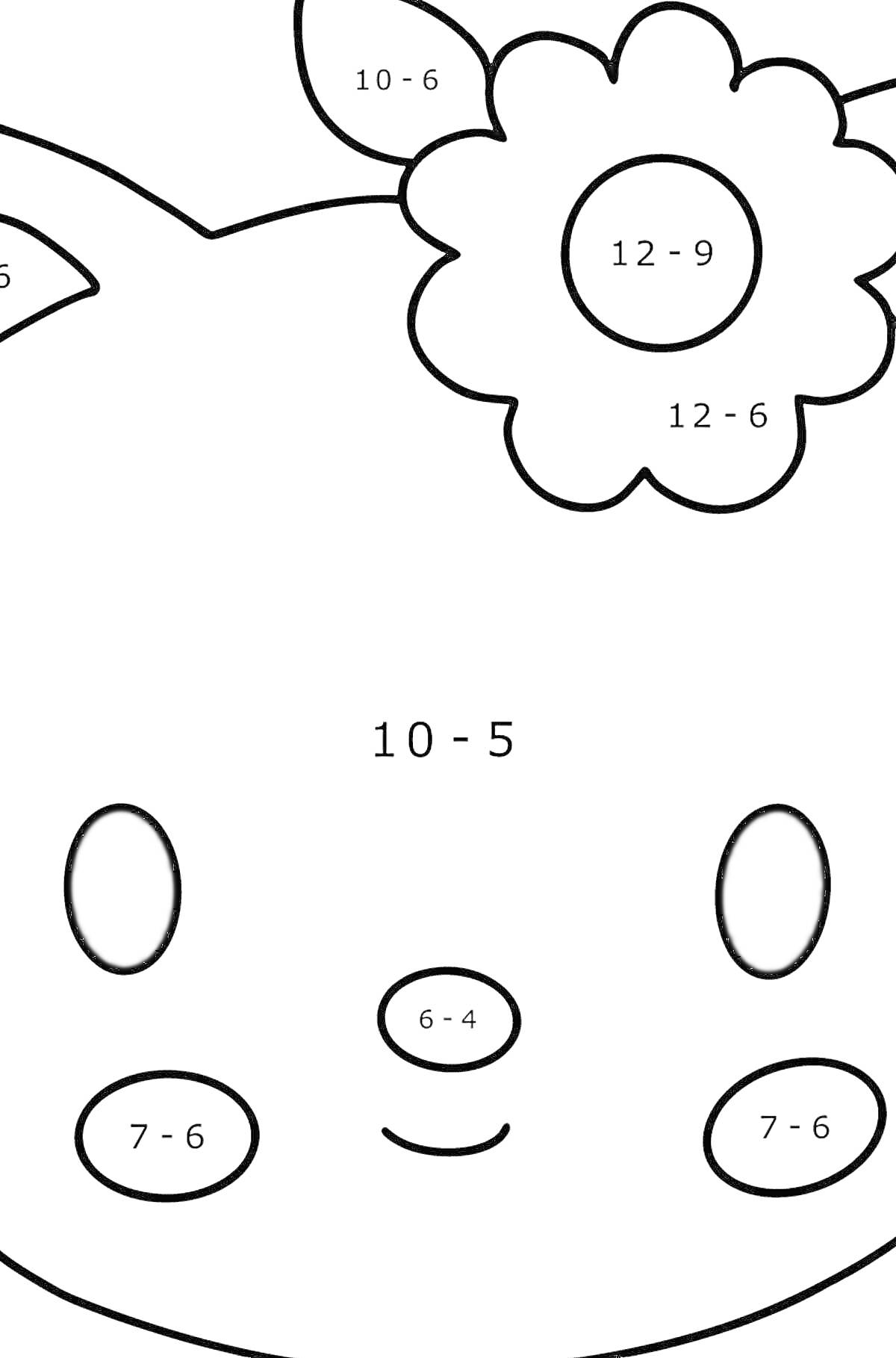 Раскраска Хелло Китти мордочка с цветком и математическими примерами для раскрашивания