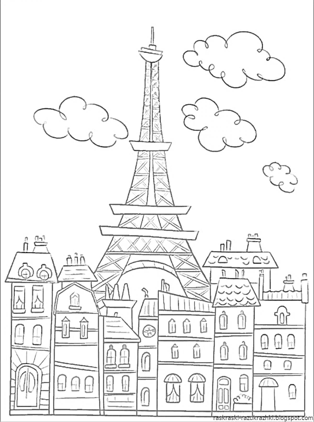 На раскраске изображено: Облака, Небо, Архитектура, Для детей