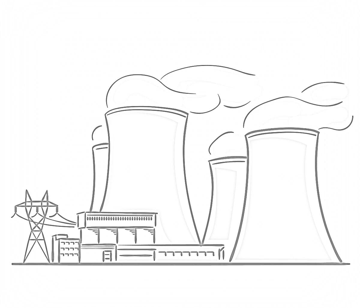 Раскраска Атомная электростанция с градирнями, зданиями и электрическими линиями
