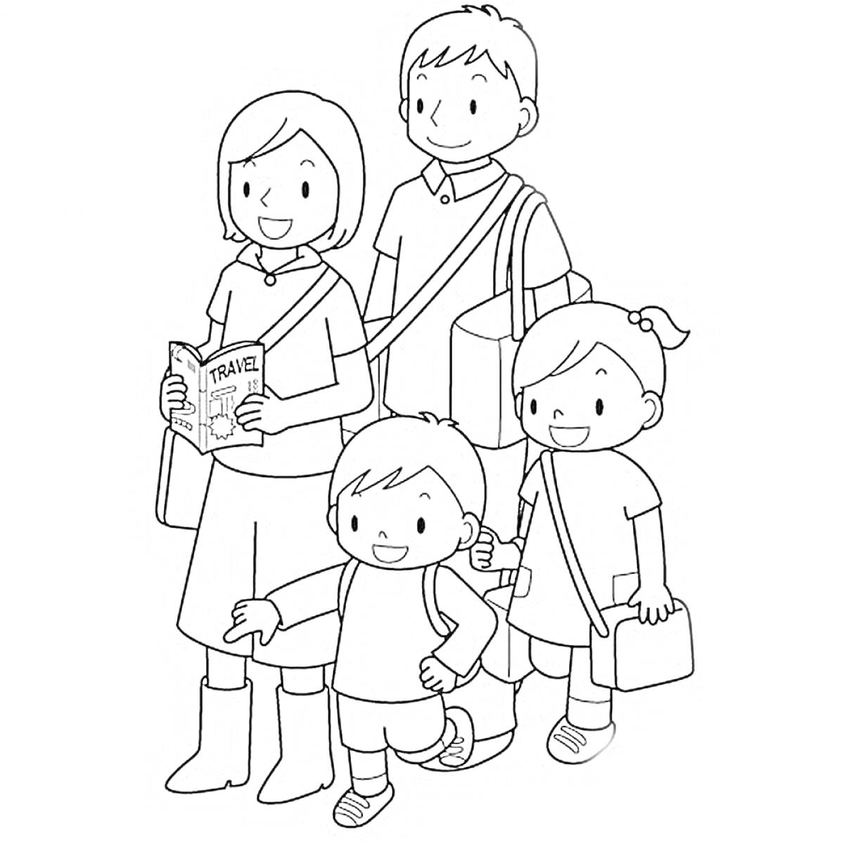 На раскраске изображено: Семья, Родители, Чемоданы, Для детей, Путешествия