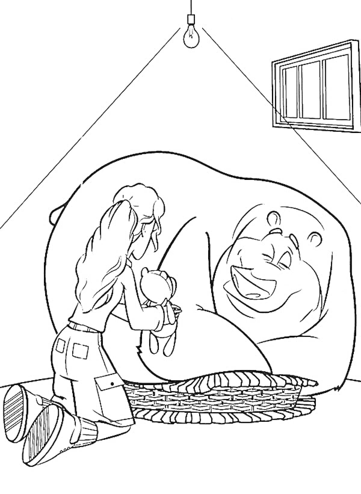 Раскраска Девочка и медведь в комнате с подвесной лампой и окном, небо на заднем фоне