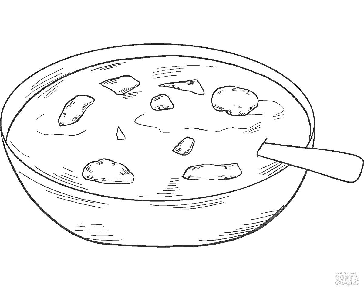 На раскраске изображено: Суп, Овощи, Миска, Ложка, Еда, Для детей