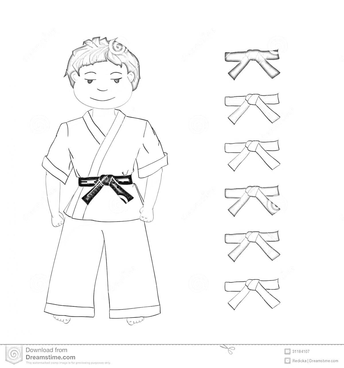 Раскраска Ребенок в кимоно для дзюдо с черным поясом, рядом набор поясов разных цветов