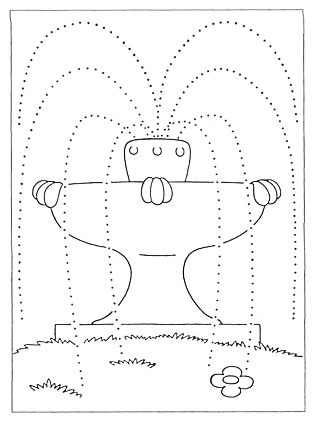 Раскраска Фонтан с водой и цветок на траве