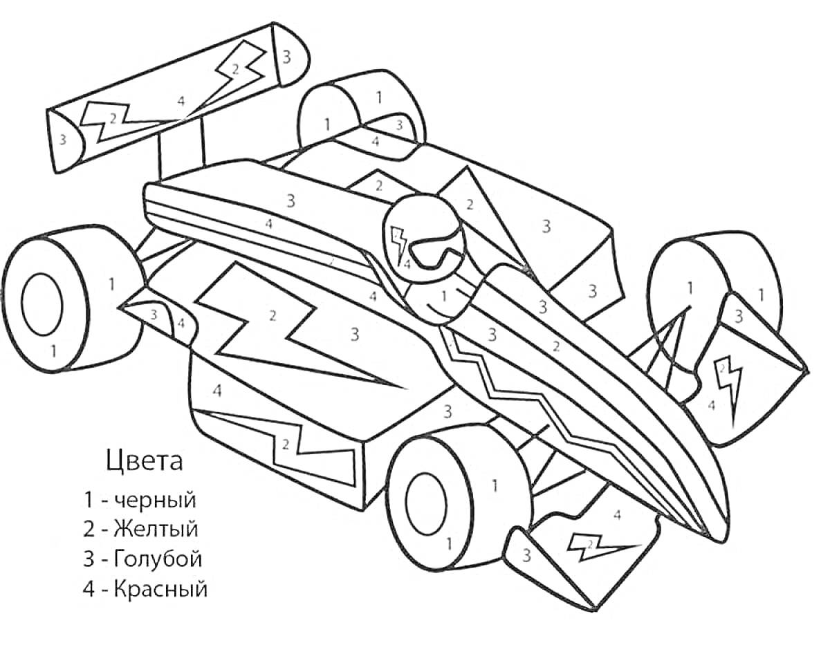 Раскраска Раскраска автомобиля Формулы 1 по номерам с указанием цветов: черный (1), желтый (2), голубой (3), красный (4).